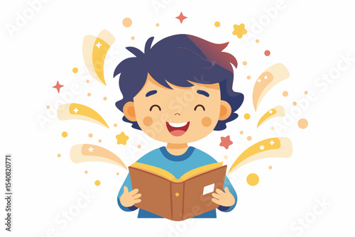 A smiling child reads a book with glowing letters flying out of it, on a white background with a slight glow and gold accents