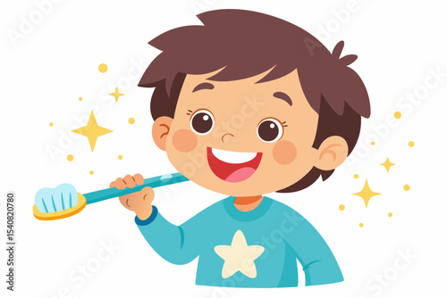 A child happily brushes his teeth with a toothbrush from which sparkling stars fly out, on a white background with a slight pearlescent sheen