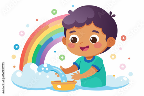 Little child smiling and washing hands under rainbow waterfall of glowing drops, against white background with soft glow