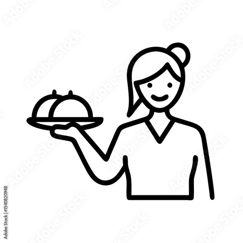 Woman serving food on platter with a smile in minimalist style  