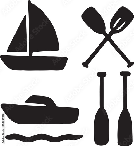 Silhouette vector of boats and paddles. Perfect for outdoor, lake, or adventure themes. EPS format design.