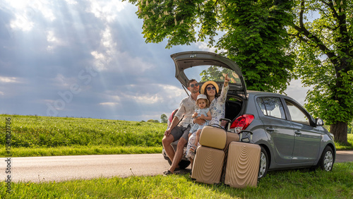 Child in car. Family vacation trip road. Seat travel freedom summer.
