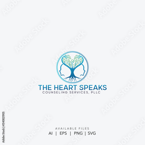 Abstract Mind and Heart Tree Logo with Human Profiles ,Modern Holistic Healing Icon 