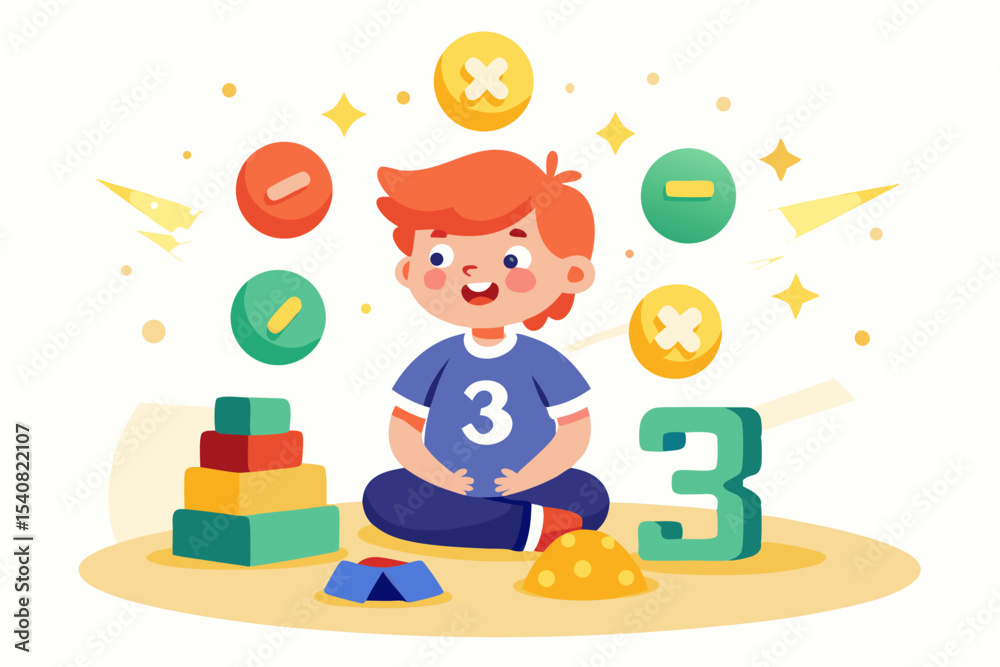 Fototapeta premium Little student counting toys surrounded by shining numbers on white background with sand texture and light sunlight