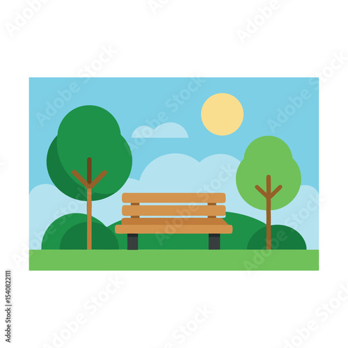 Bench in a park landscape with green grass, trees, and a blue sky with clouds, illustrating a peaceful summer day