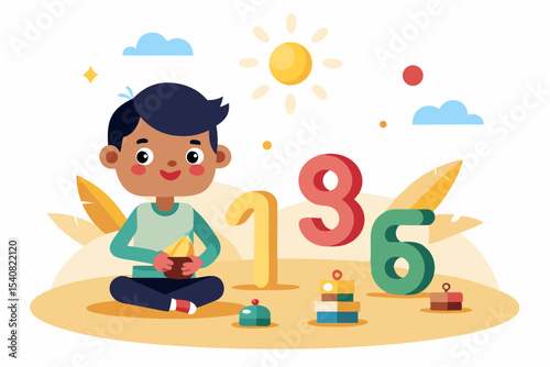 Little student counting toys surrounded by shining numbers on white background with sand texture and light sunlight