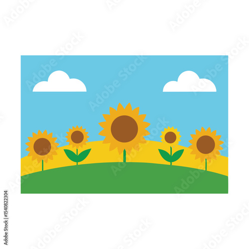 Sunny summer landscape with green fields, clouds, and bright sun in the skySunny summer landscape with green fields, clouds, and bright sun in the sky