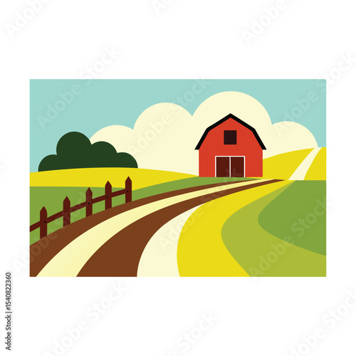 Rural cartoon landscape with farm house and trees