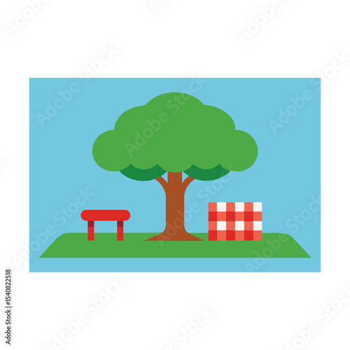 Green urban landscape vector illustration: city tree, building, and nature design