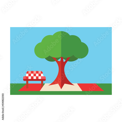 Vector illustration of a nature tree with red heart flowers, summer leaves, and autumn fruit in a cartoon landscape