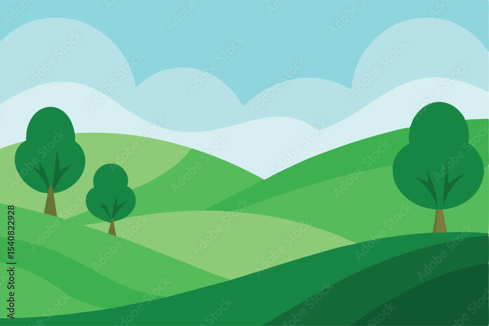 Obraz premium Lush green summer landscape with trees, hills, and a blue sky with clouds