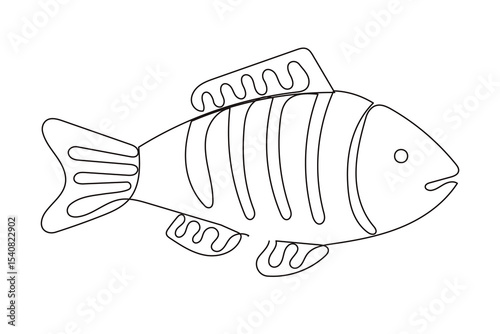 Line Art Fish Symbol. One Continuous Outline Drawn Contour Marine Animal. Underwater Mascot Sign. Healthy Fresh Diet Mediterranean Food Ingredient. Aquatic Wild Fish Sea Animal.