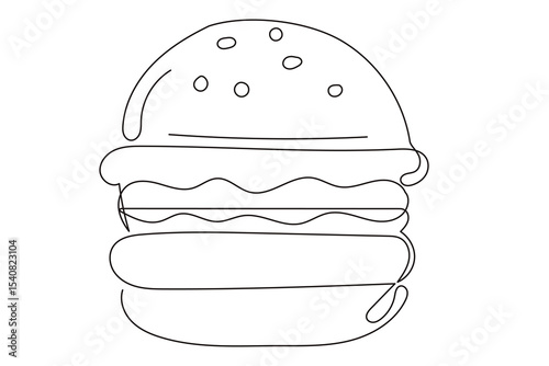 Line Art Burger Sandwich Sketch Illustration. One Continuous Outline Wavy Contour Drawing. Stroke Modern Doodle Food Symbol Icon. Cafe Menu Card Invitation Sketch Contour Design Element. 