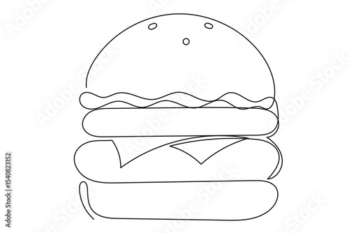 Line Art Burger Sandwich Sketch Illustration. One Continuous Outline Wavy Contour Drawing. Stroke Modern Doodle Food Symbol Icon. Cafe Menu Card Invitation Sketch Contour Design Element. 