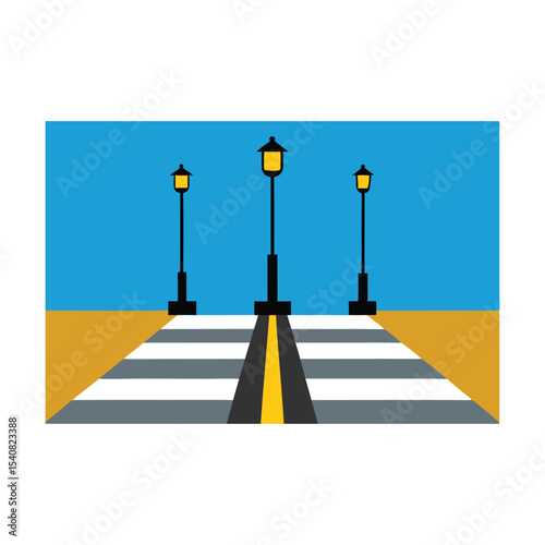 Yellow traffic light on an asphalt road with an arrow illustrating the future path of transportation
