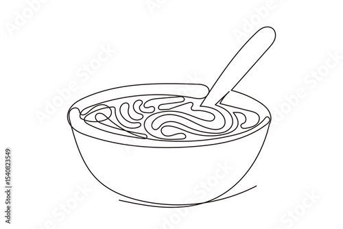 Line Art Pasta Spaghettis Plate Food Illustration. One Continuous Outline Wavy Contour Drawing. Stroke Modern Doodle Food Symbol Icon. Cafe Menu Card Invitation Sketch Contour Design Element.