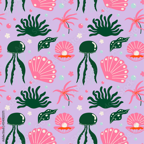 Tropical aesthetic, summer vacation vibes, holiday themed seamless vector pattern with cute groovy funky cartoon illustration of sea, ocean beach objects, shells, exotic plants, coral reef, jellyfish