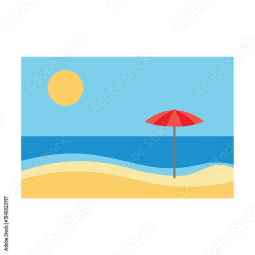 Tropical summer beach scene with a colorful umbrella shading the sand and the vast blue sea under a clear sky, perfect for a relaxing vacation