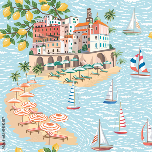 Amalfi coast, Italian town, beach, lounge chair, umbrella, sailboat, lemon tree, palms, sea wave, island seamless pattern. Summer Mediterranean wallpaper.