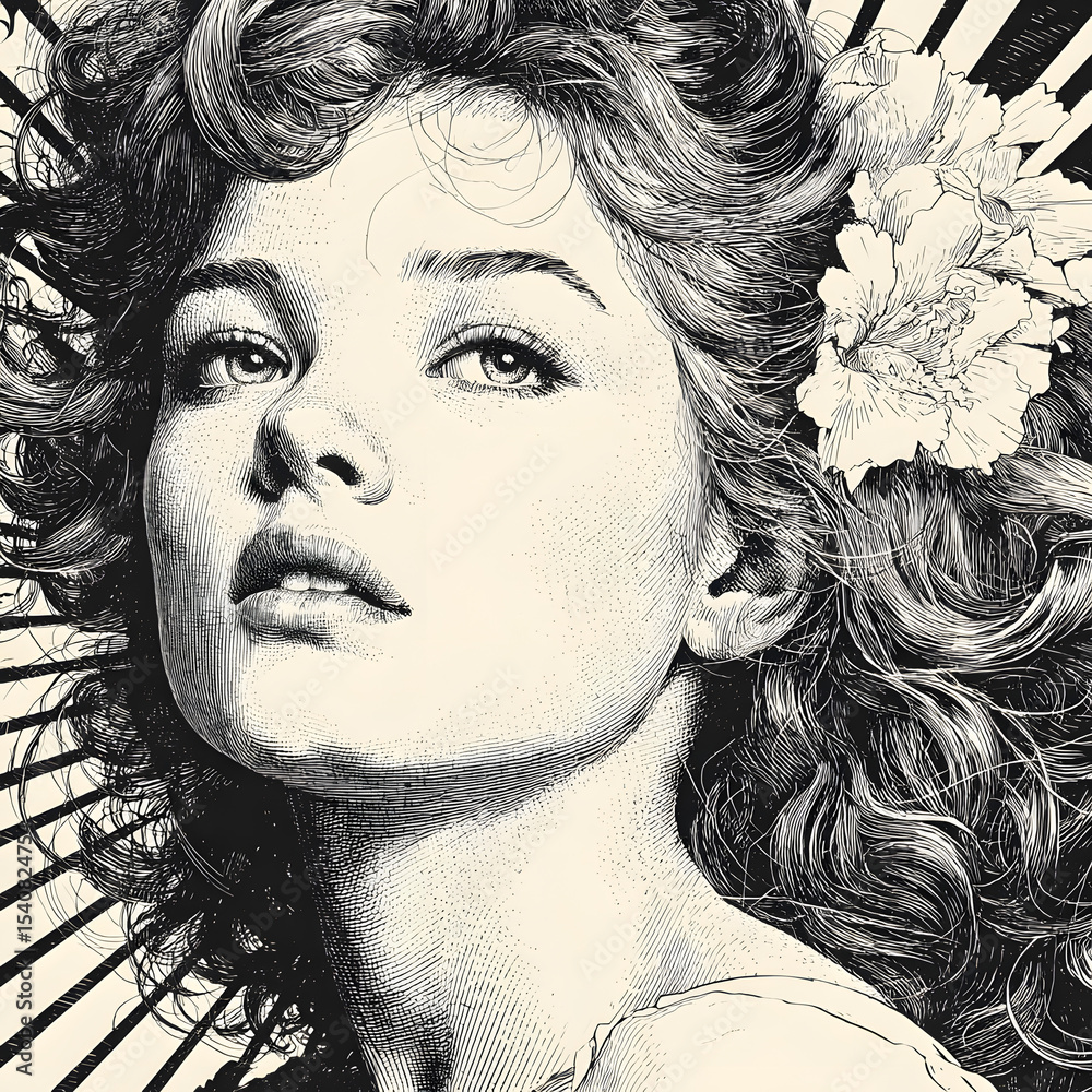 Fototapeta premium beautiful young woman with retro curls, flower in her hair, and sunburst background detail sketch engraving generative ai fictional character raster illustration. Scratch board. Black and white image.