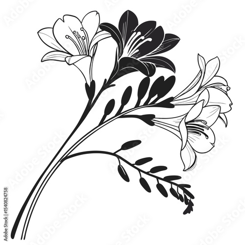 Detailed monochrome depiction shows an artistic arrangement of freesia flowers with stems and leaves
