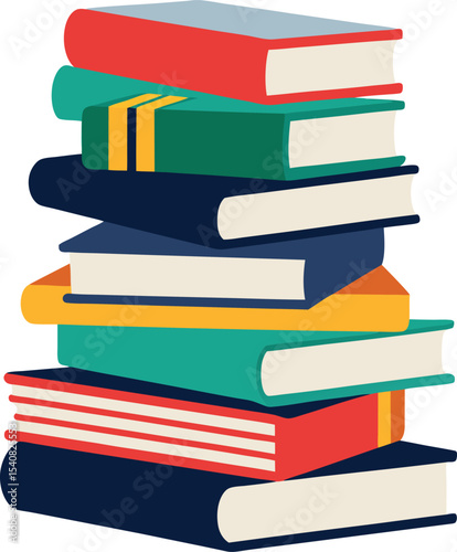 stacked school books in bold primary colors, cartoon vector with clean outlines, white background
