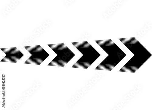 Vector arrow, black on white background. Striped design element. Direction indicator, Navigation, Dynamic sports pattern. Vector background. Game,