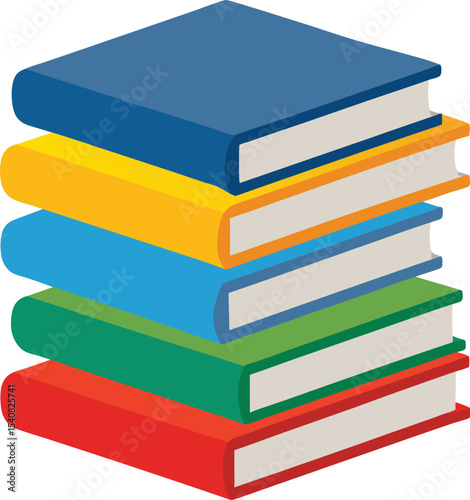 stack of colorful books in flat icon style, bright cartoon covers with minimal shadows, isolated on white background
