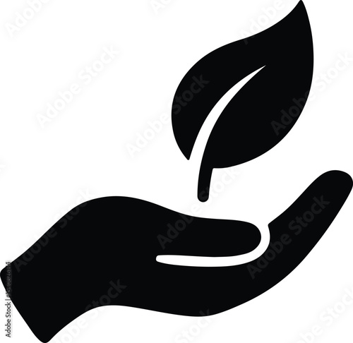 Silhouette Hand holding a leaf simple flat vector illustration