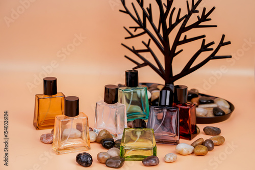 Assortment of luxurious perfume bottles on stones with a tree prop. photo