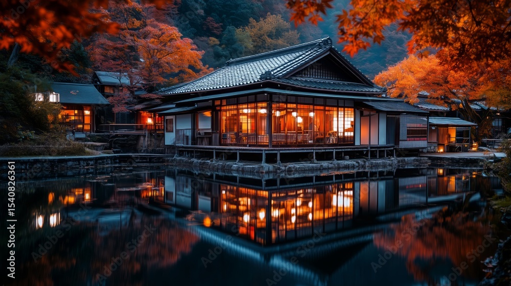 Obraz premium A tranquil scene of a traditional Japanese house reflected in calm water, surrounded by autumn foliage. The serene setting captures the essence of peaceful, rural beauty.