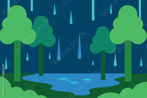 Green forest landscape illustration with city buildings and clouds in a natural eco-friendly environment