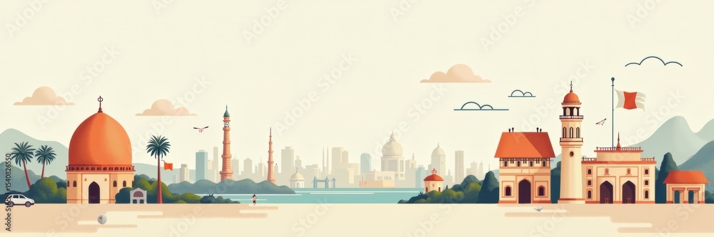 Obraz premium A vibrant panoramic illustration featuring iconic city landmarks, skyscrapers, mountains, and serene waters, showcasing a blend of modern and historical architecture.