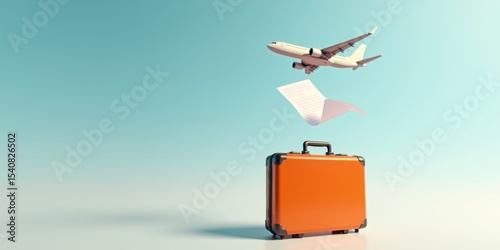 Stylish travel concept featuring an orange suitcase beneath an airplane, symbolizing adventure and exploration in a vibrant blue sky.