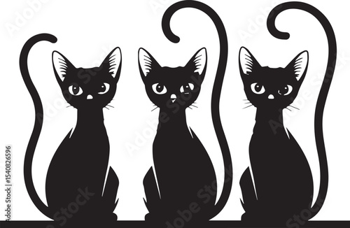 Three stylized black cats sitting side by side with curled tails on a white background