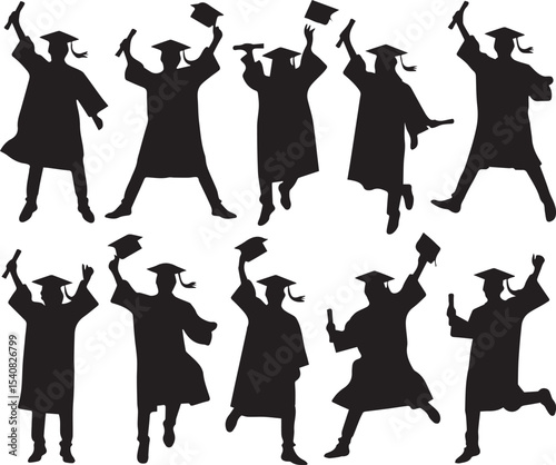 Silhouette celebration of graduates wearing graduation gowns and caps in exciting poses