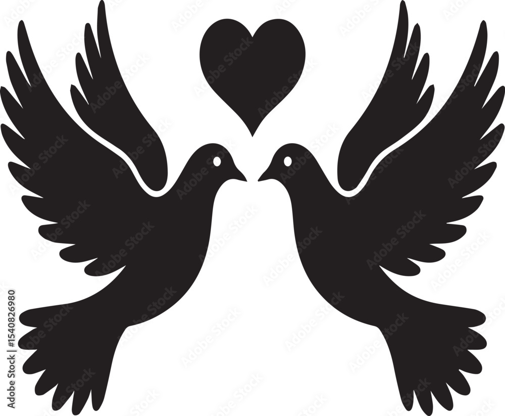 Obraz premium Two silhouette doves with heart symbolizing love and peace for graphic design use