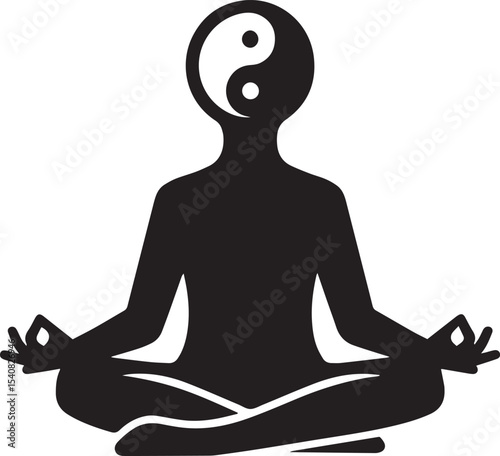 Tranquil silhouette of a person meditating with a yin yang symbol representing inner balance