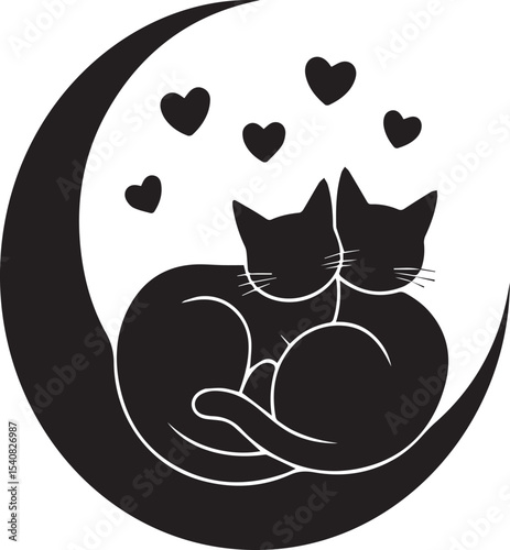 Two silhouetted cats cuddled together inside a crescent moon surrounded by floating hearts