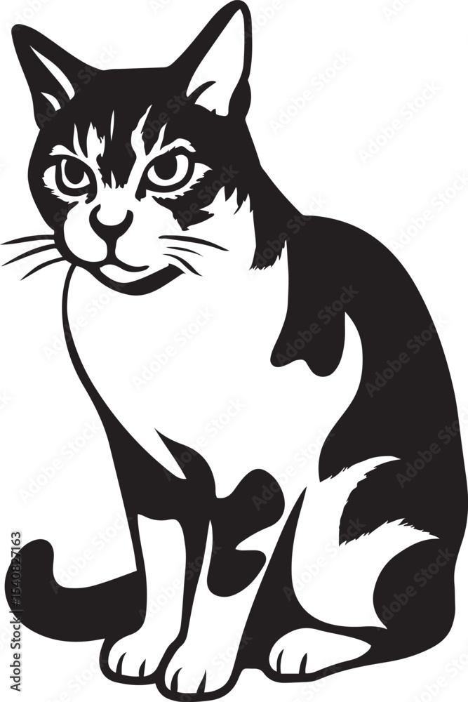 Obraz premium Seated cat black and white silhouette, Elegant sitting cat in minimal illustration