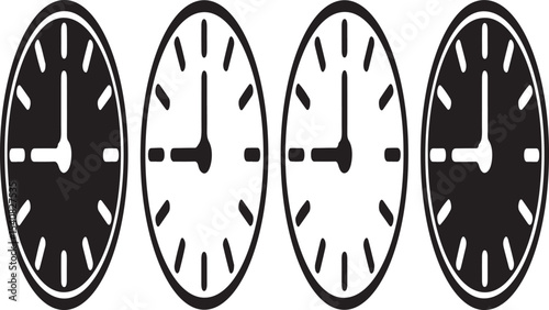 Four simple oval clocks showing time progression