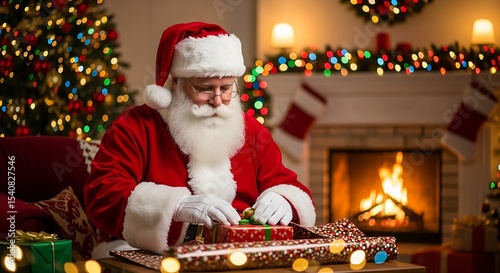Santa Claus Wrapping Christmas Gift Near Fireplace Glowing Lights And Christmas Tree, Festive Holiday Celebration Concept in Home Interior With Seasonal Decoration