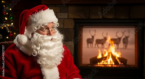 Santa Claus Relaxing by the Fireplace at Home on Christmas Eve Enjoying Quiet Moments After Delivering Presents Ready for Holiday Magic