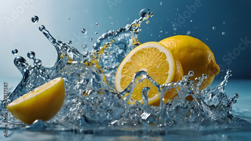 Lemon splashes into water in vibrant freeze-frame with bright lighting. Water droplets and white backdrop create fresh aesthetic. Concept of culinary arts, beverage industry, health foods on blue back