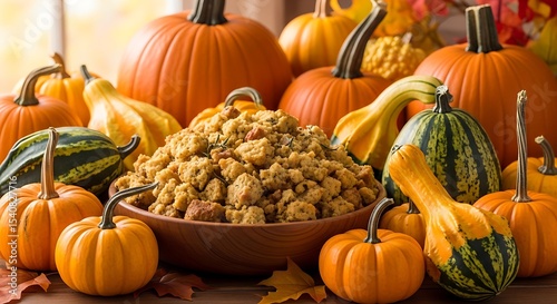 Autumn Harvest Display Featuring Pumpkins Gourds and Stuffing Centerpiece for Thanksgiving Feast Celebrations Presenting Seasonal Abundance and Festive Holiday Tradition Warmth and Gratitude