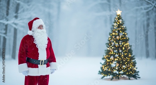 Santa Claus in a Winter Forest with a Christmas Tree Spreading Holiday Cheer Ideal for Festive and Seasonal Stock Photography