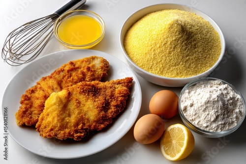 Crispy fried fish with couscous and fresh ingredients prepared in a modern kitchen setting