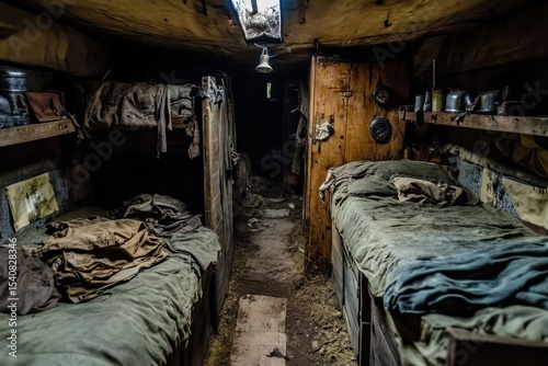 Closeup view of shocking living conditions in cramped, dilapidated space, A close-up view of the appalling living conditions in an abandoned military trench during war