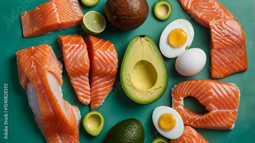 Elevate your understanding of the keto diet with a vibrant assortment of salmon, avocado, eggs on green background
