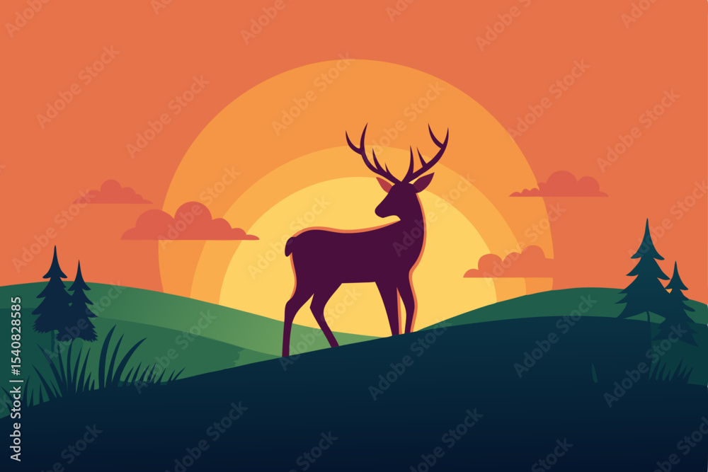 Fototapeta premium Wild deer and reindeer silhouettes in a forest nature landscape illustration